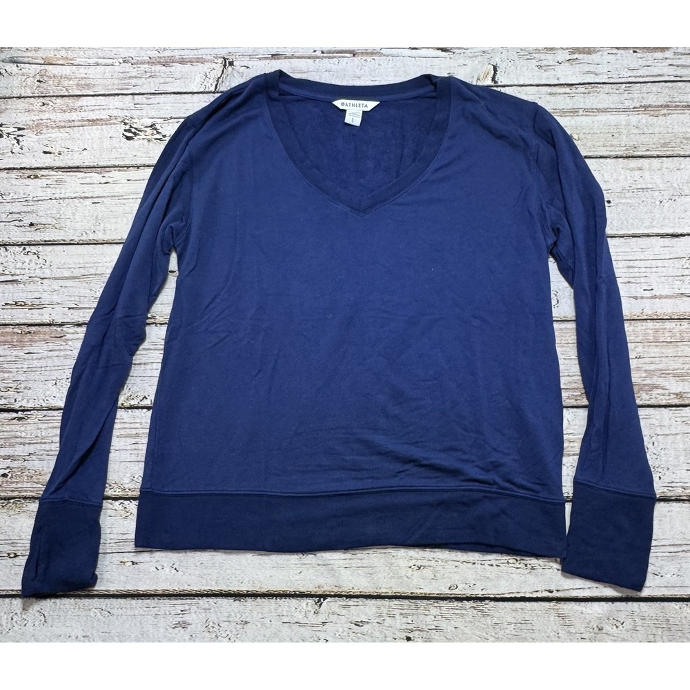 Athleta Sunrise V-Neck Sweatshirt Womens Size L Blue Long Sleeve V-Neck Top